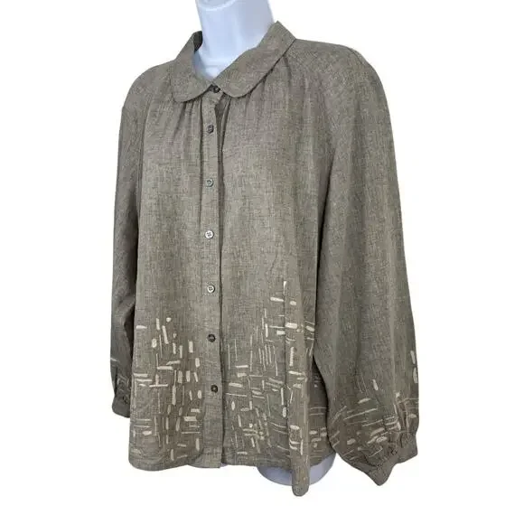 Poetry Top Womens 14 Tan Beige Linen Cotton Boxy Lagenlook Artsy Embroidered - Picture 6 of 14